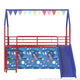 Zeso Kids Twin Loft Bed | House Design | Navy Blue and Red | Slide and Curtain