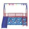 Zeso Kids Twin Loft Bed | House Design | Navy Blue and Red | Slide and Curtain