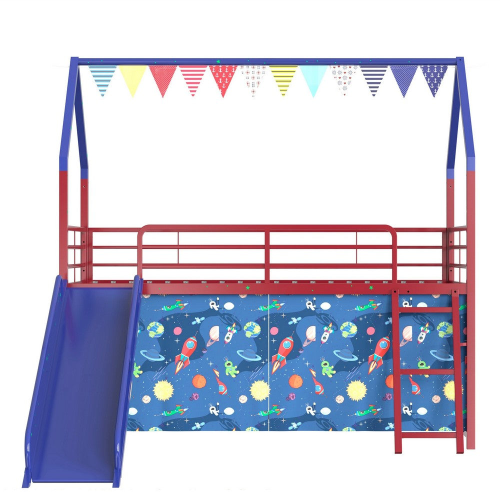 Zeso Kids Twin Loft Bed | House Design | Navy Blue and Red | Slide and Curtain
