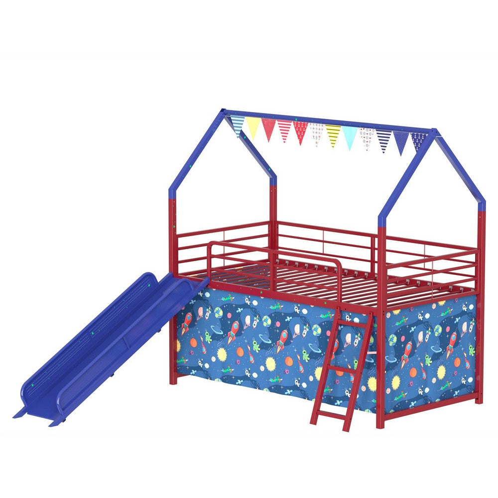 Zeso Kids Twin Loft Bed | House Design | Navy Blue and Red | Slide and Curtain