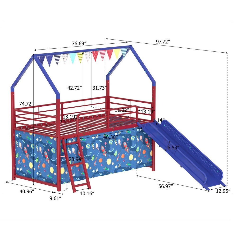 Zeso Kids Twin Loft Bed | House Design | Navy Blue and Red | Slide and Curtain