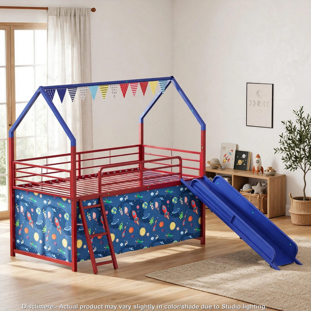 Zeso Kids Twin Loft Bed | House Design | Navy Blue and Red | Slide and Curtain