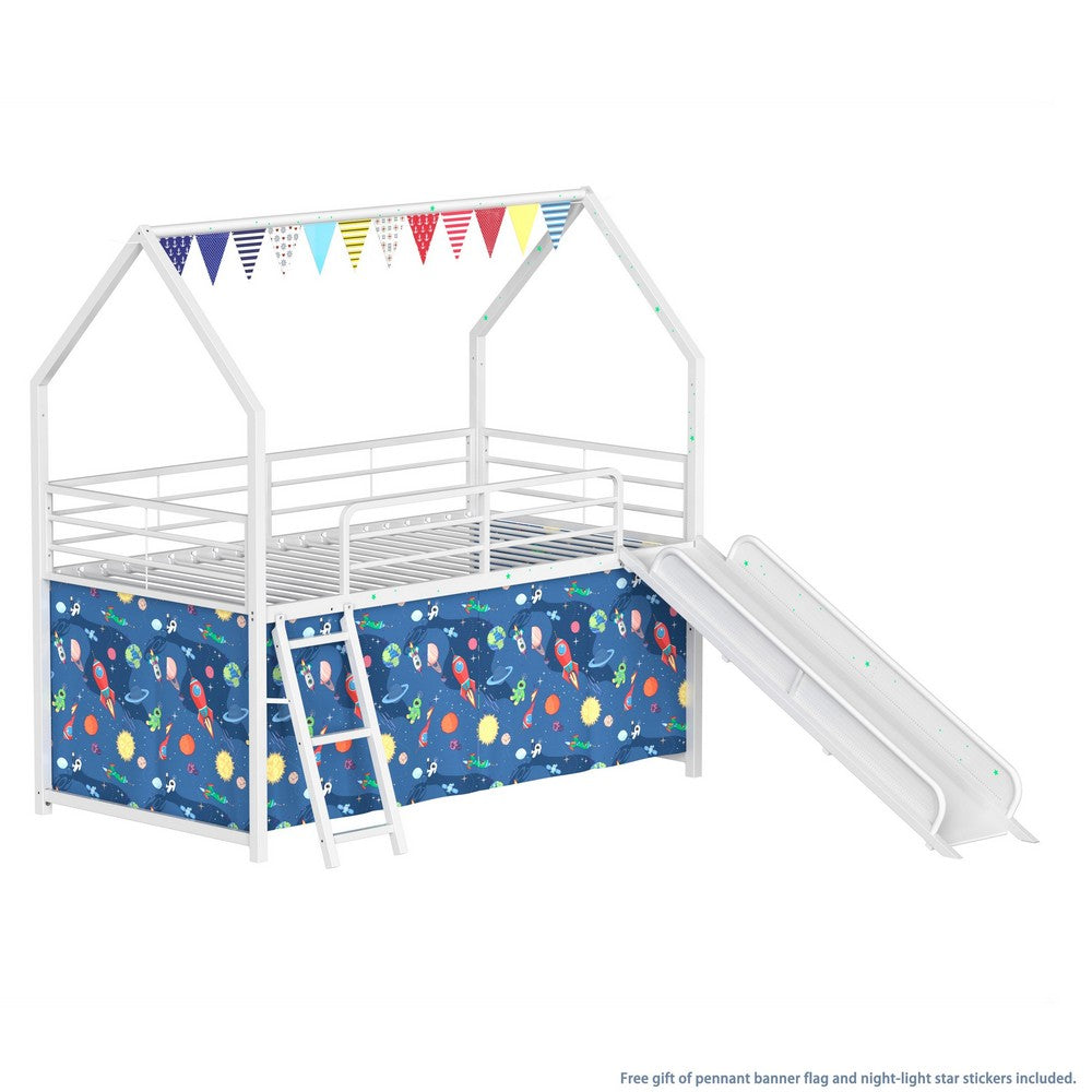 Zeso Kids Twin Loft Bed | House Design | Blue and White | Slide and Curtain
