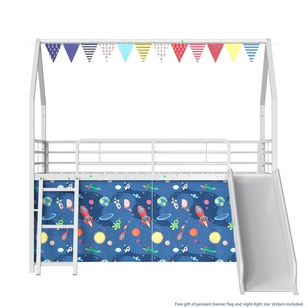 Zeso Kids Twin Loft Bed | House Design | Blue and White | Slide and Curtain