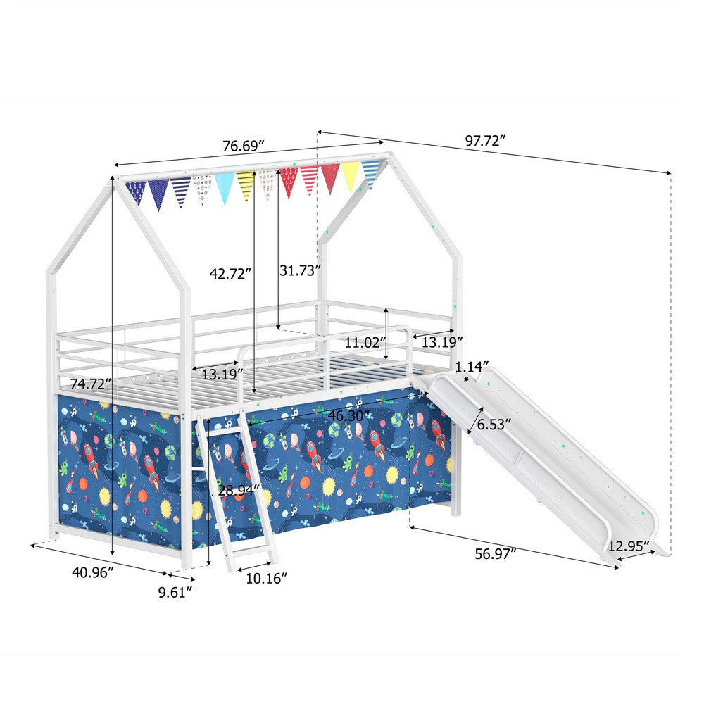 Zeso Kids Twin Loft Bed | House Design | Blue and White | Slide and Curtain