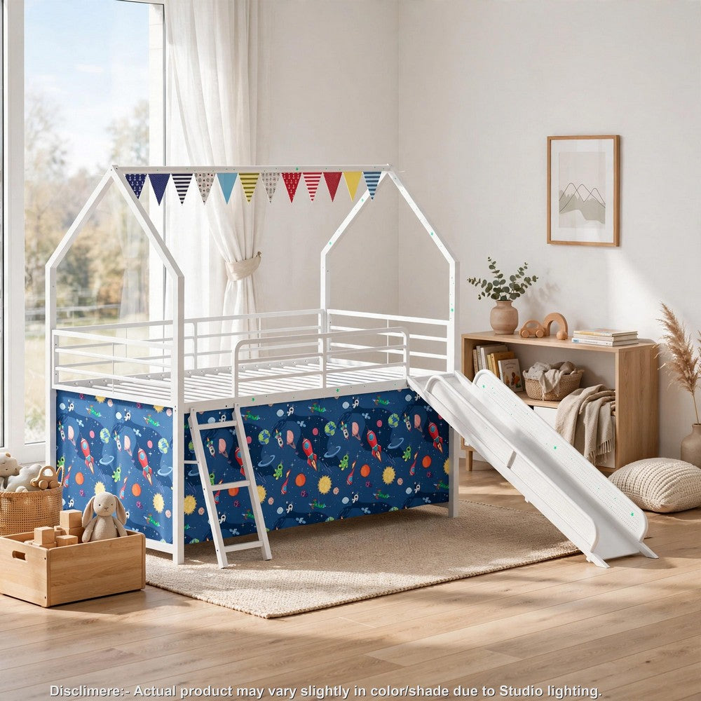 Zeso Kids Twin Loft Bed | House Design | Blue and White | Slide and Curtain