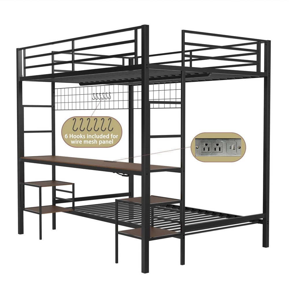 Eso Full Over Twin Bunk Bed | Desk | Storage Shelves | Black Metal| Cinnamon Oak