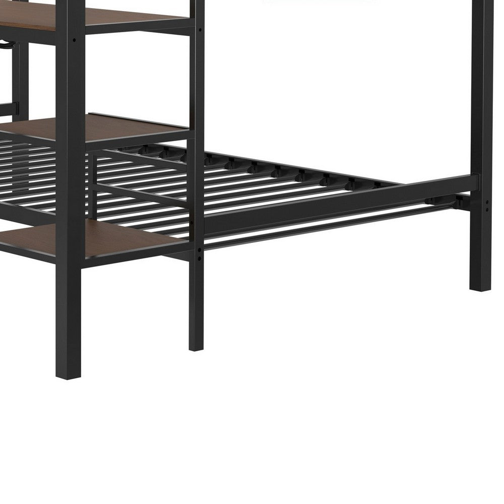 Eso Full Over Twin Bunk Bed | Desk | Storage Shelves | Black Metal| Cinnamon Oak