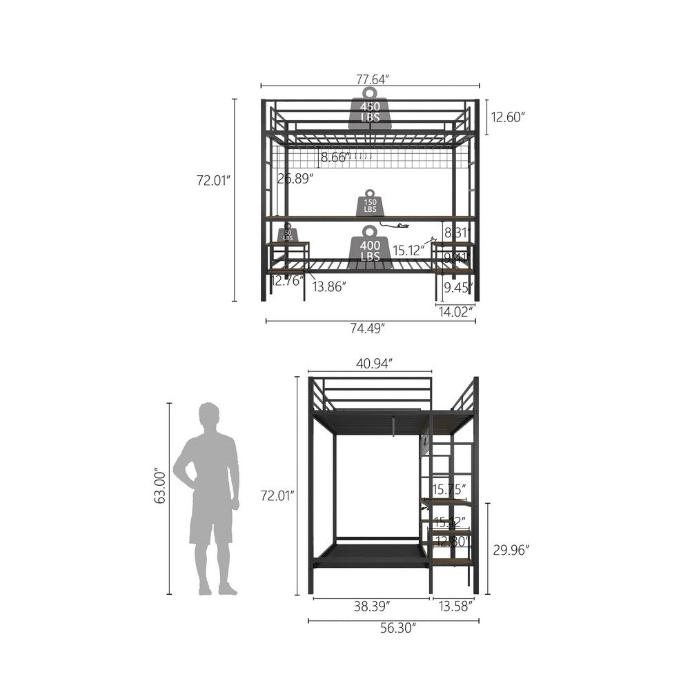 Eso Full Over Twin Bunk Bed | Desk | Storage Shelves | Black Metal| Cinnamon Oak