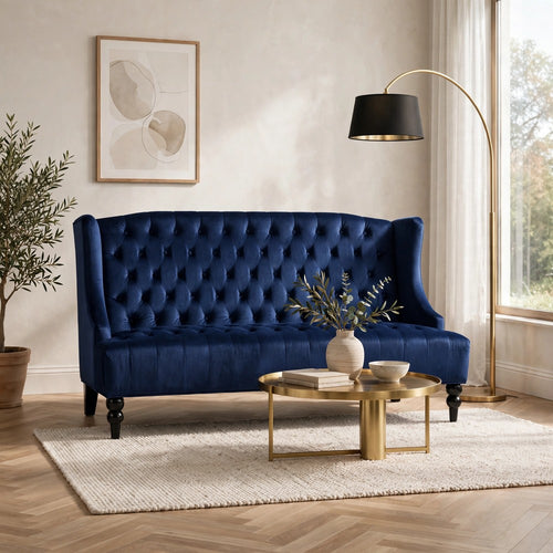 2 Seater Loveseat Bench| Wingback Design | Tufted Velvet | Navy Blue | 50"
