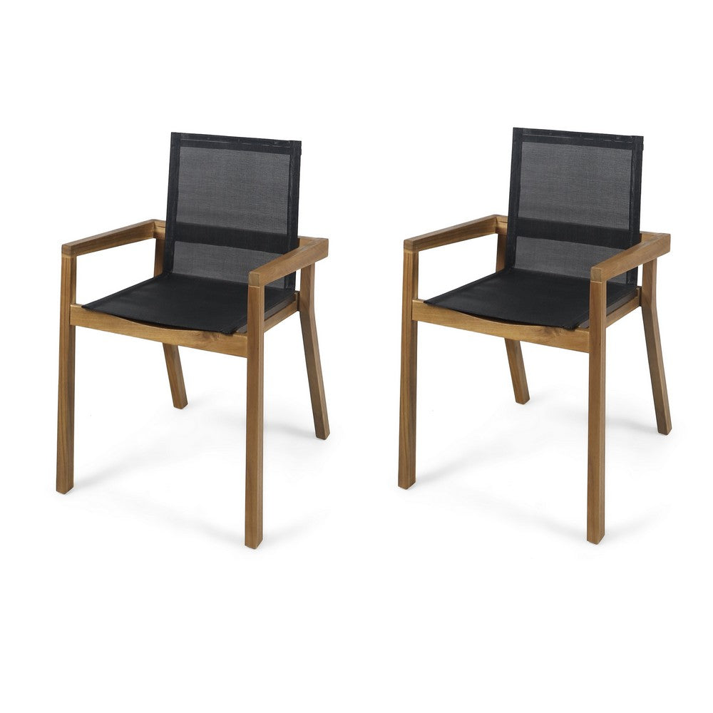 Feso Dining Chair Set of 2 | Gray Mesh Seat | Brown Teak Wood Frame