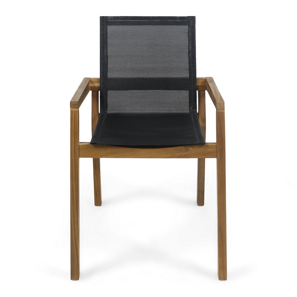 Feso Dining Chair Set of 2 | Gray Mesh Seat | Brown Teak Wood Frame