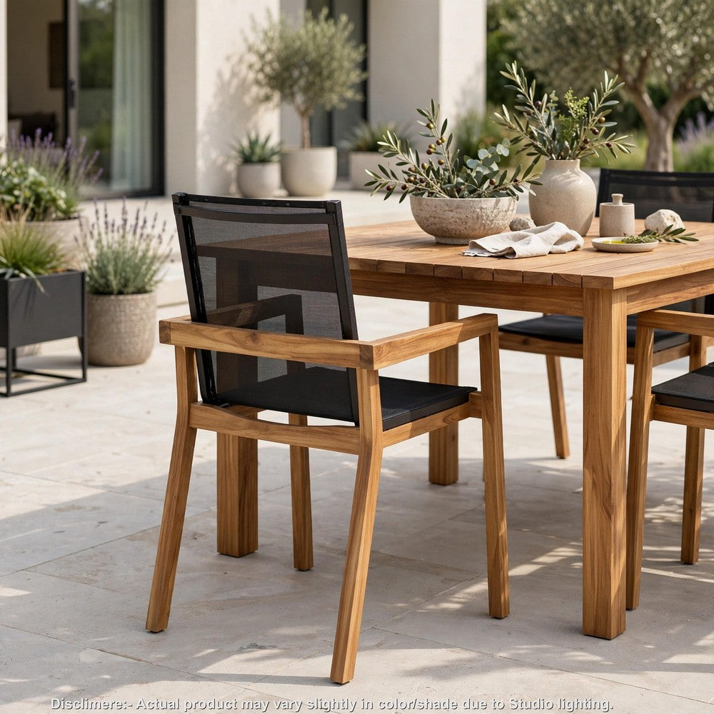 Feso Dining Chair Set of 2 | Gray Mesh Seat | Brown Teak Wood Frame