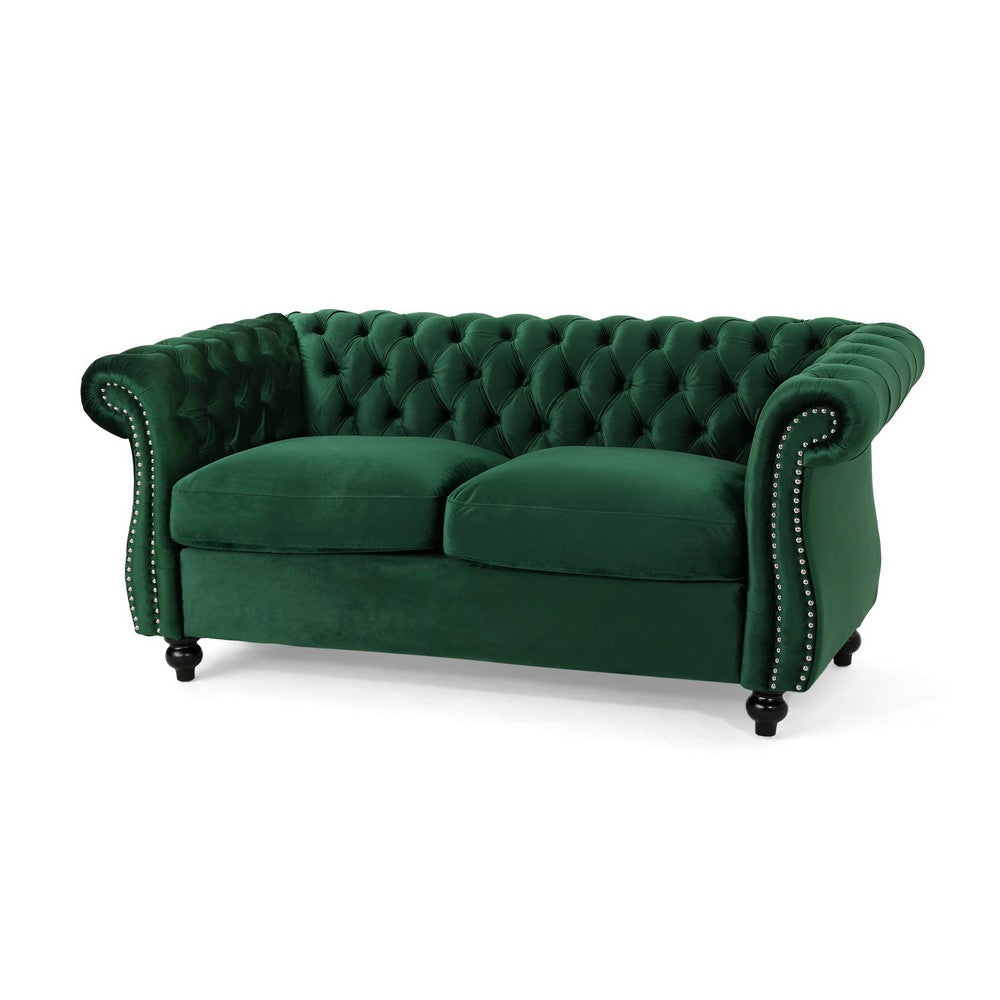 Chesterfield Loveseat | Tufted Velvet | Rolled Arms | Emerald Green | 62"