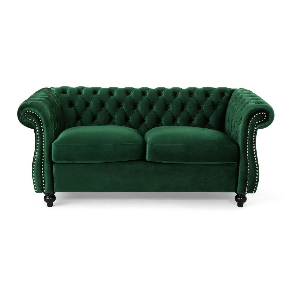 Chesterfield Loveseat | Tufted Velvet | Rolled Arms | Emerald Green | 62"