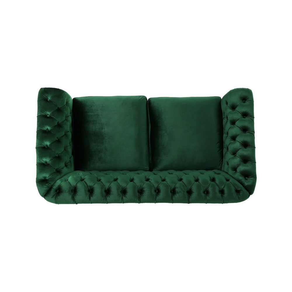 Chesterfield Loveseat | Tufted Velvet | Rolled Arms | Emerald Green | 62"