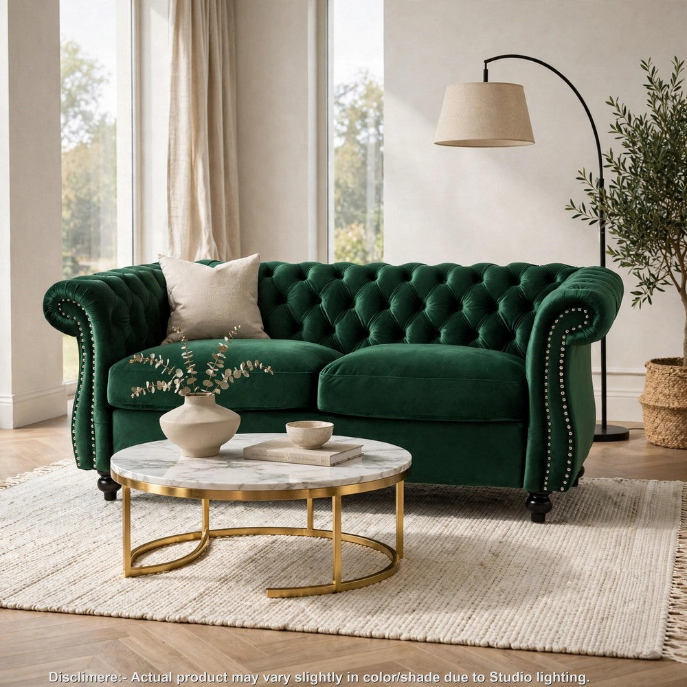 Chesterfield Loveseat | Tufted Velvet | Rolled Arms | Emerald Green | 62"