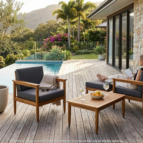 Gavie Outdoor Club Chair | Dark Gray Fabric Cushions | Slatted Brown Wood