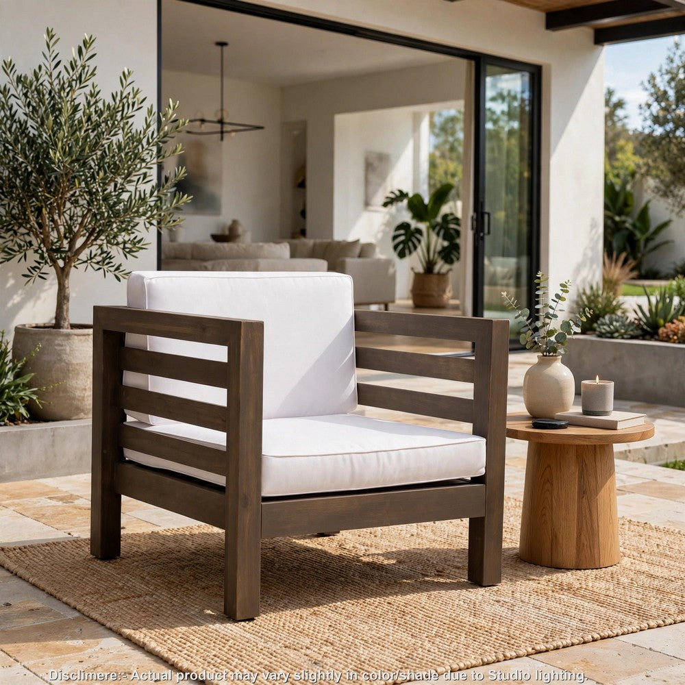 Carie Outdoor Club Chair | White Fabric Cushions | Slatted Frame | Gray Wood