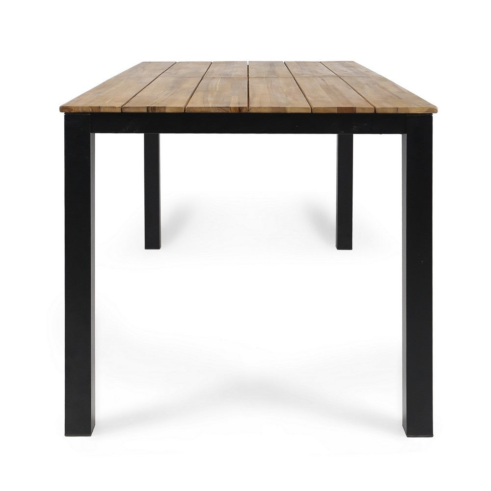 Outdoor Dining Table | Slatted Rectangular Top | Black Iron | Brown 71"