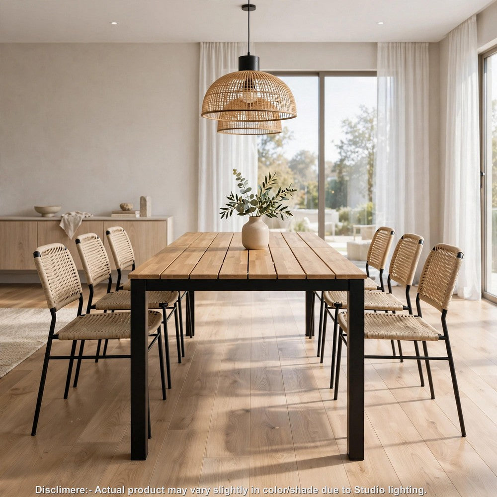 Outdoor Dining Table | Slatted Rectangular Top | Black Iron | Brown 71"