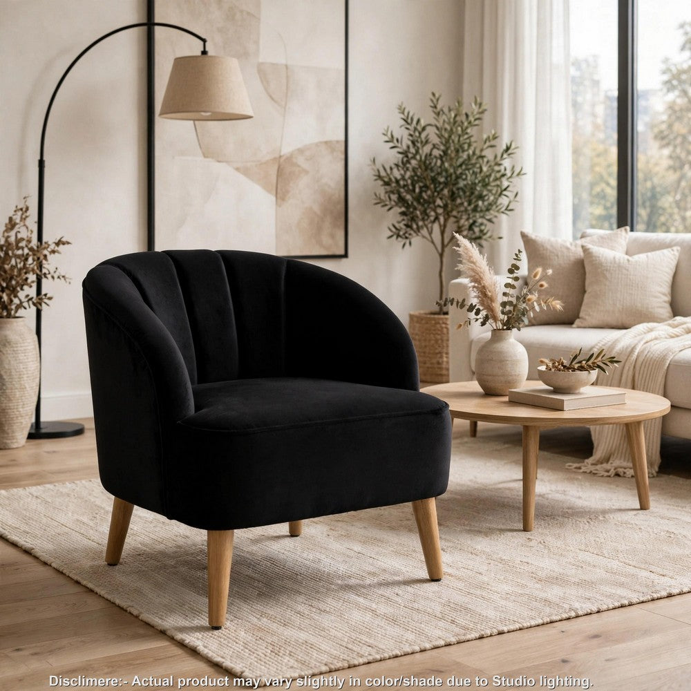 Accent Barrel Chair | Channeled Black Altay Velvet | Walnut Brown Wood Legs