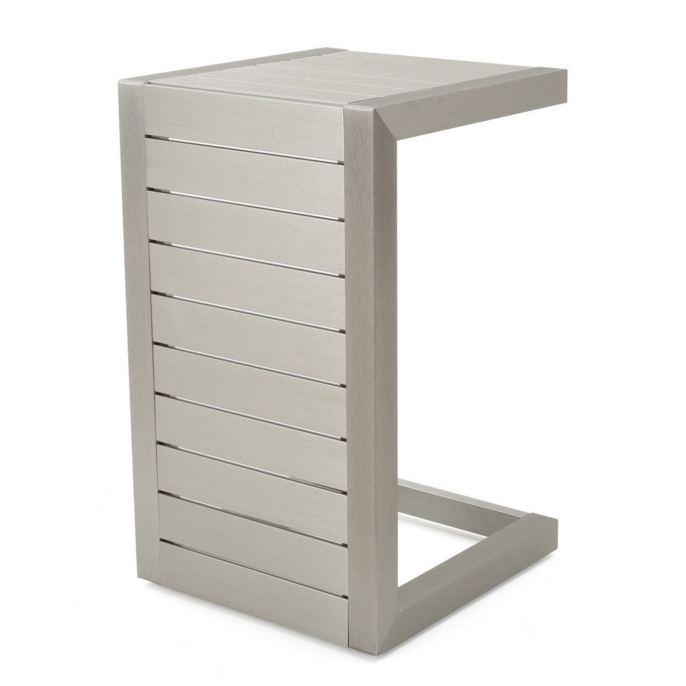 Kory Outdoor Side Table | C-Shaped | Slatted Frame | Silver Aluminum 24"