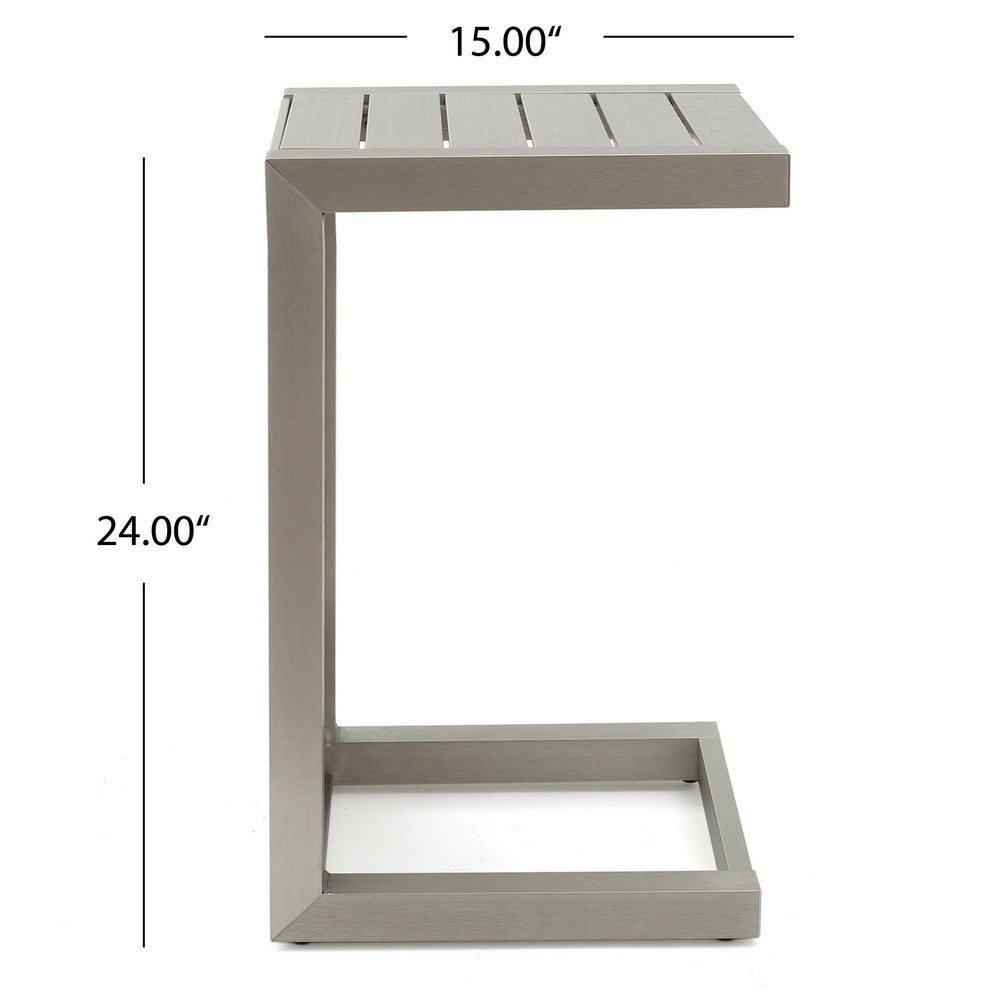 Kory Outdoor Side Table | C-Shaped | Slatted Frame | Silver Aluminum 24"