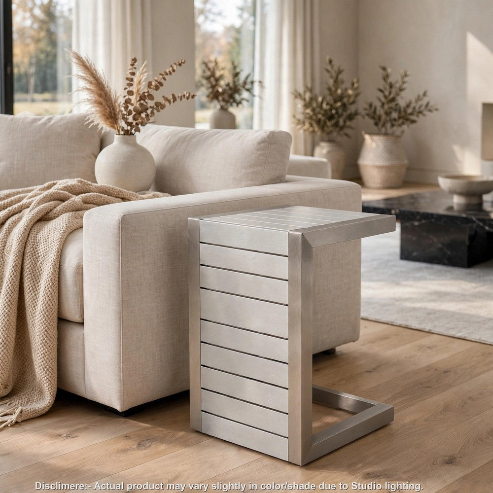 Kory Outdoor Side Table | C-Shaped | Slatted Frame | Silver Aluminum 24"
