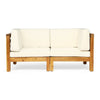 Carie Outdoor 2pc Loveseat Set | Beige Polyester | Slatted Brown Wood