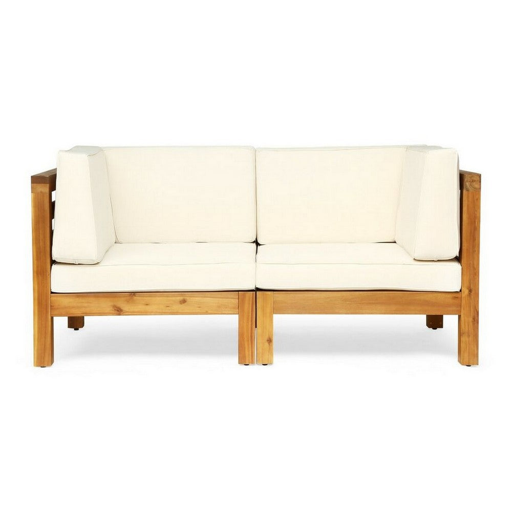 Carie Outdoor 2pc Loveseat Set | Beige Polyester | Slatted Brown Wood