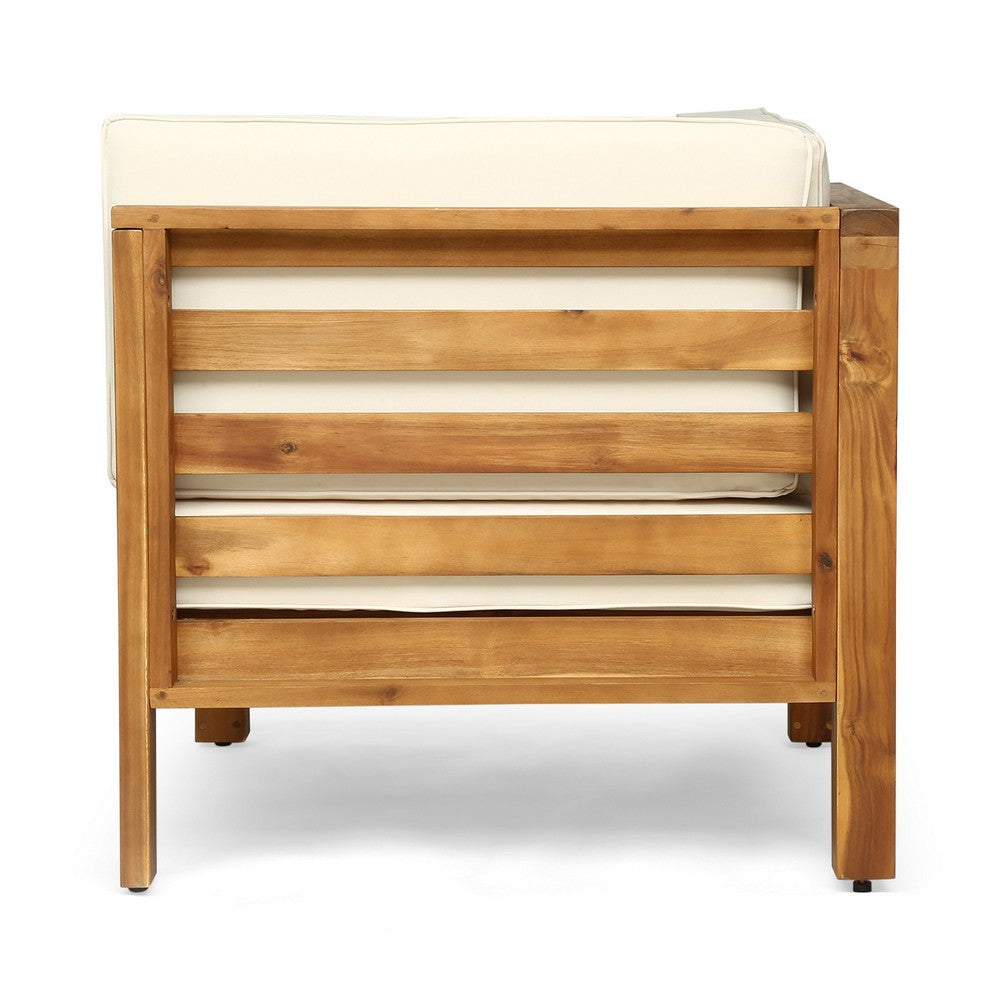 Carie Outdoor 2pc Loveseat Set | Beige Polyester | Slatted Brown Wood