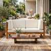 Carie Outdoor 2pc Loveseat Set | Beige Polyester | Slatted Brown Wood