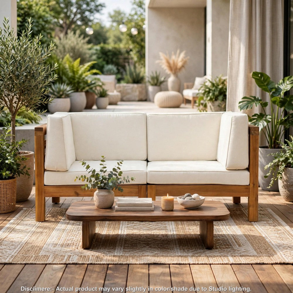 Carie Outdoor 2pc Loveseat Set | Beige Polyester | Slatted Brown Wood