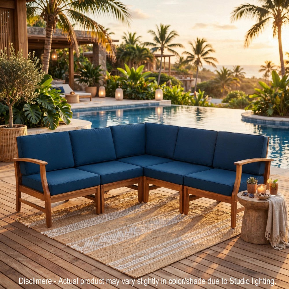 Hoye Outdoor 5pc Modular Corner Sofa Set | L-Shape | Blue Polyester | Brown
