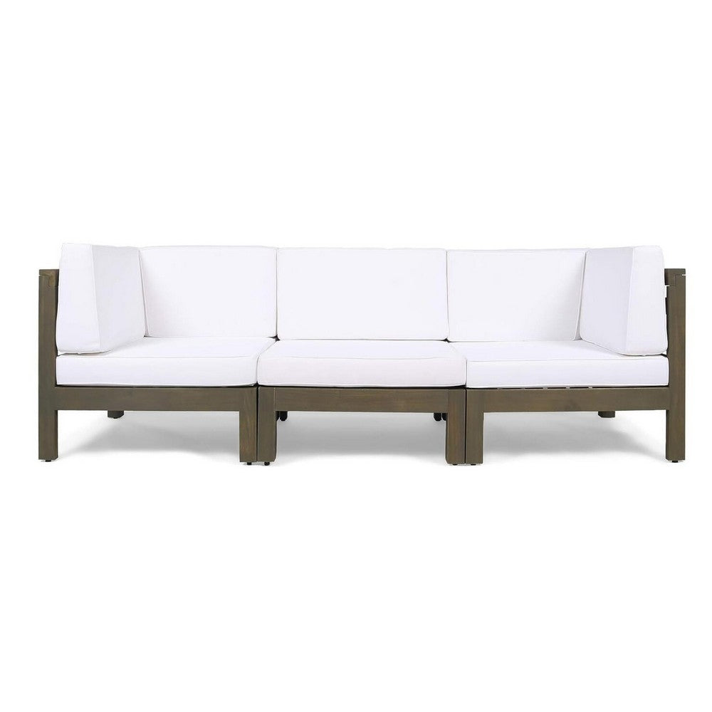 Carie Outdoor 3pc Sofa Set | White Fabric Cushions | Slatted Brown Wood