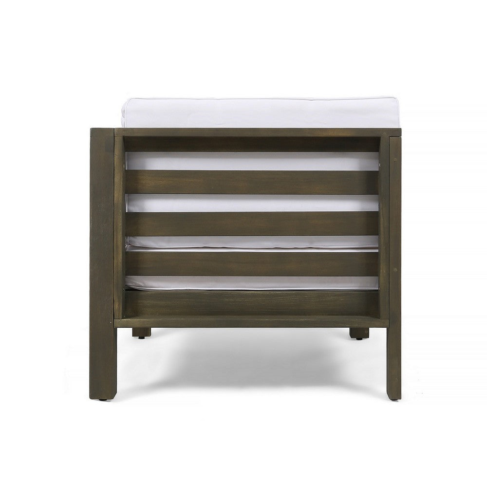 Carie Outdoor 3pc Sofa Set | White Fabric Cushions | Slatted Brown Wood