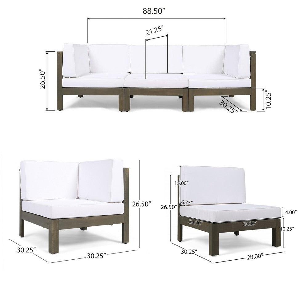 Carie Outdoor 3pc Sofa Set | White Fabric Cushions | Slatted Brown Wood