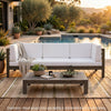 Carie Outdoor 3pc Sofa Set | White Fabric Cushions | Slatted Brown Wood