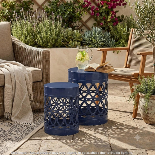Reeta Outdoor End Table Set of 2 | Cylindrical | Laser Cut | Navy Blue Iron