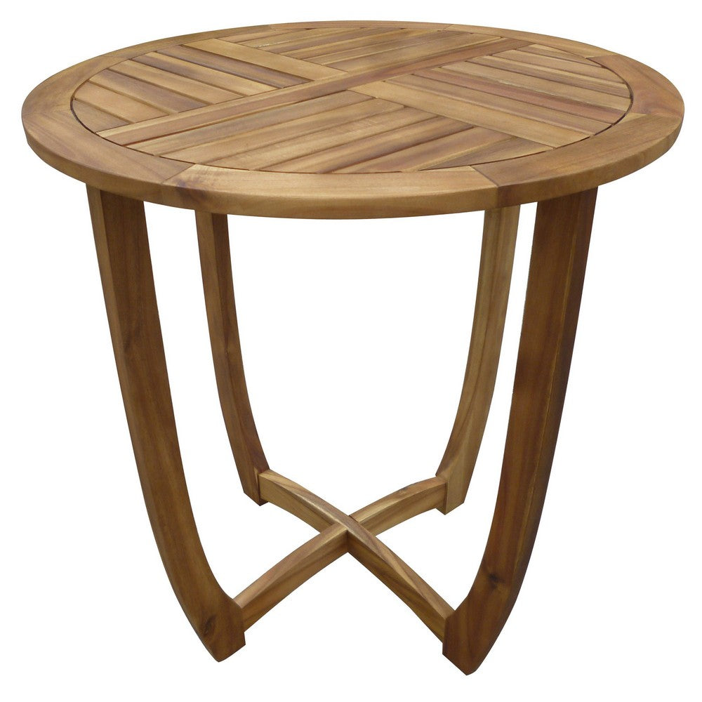 Outdoor Round Accent Table | Slatted Top | Cross Base | Teak Finish 30"