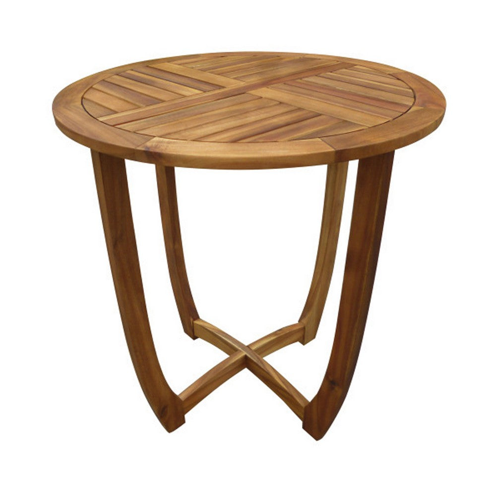 Outdoor Round Accent Table | Slatted Top | Cross Base | Teak Finish 30"