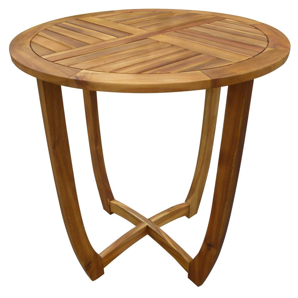 Outdoor Round Accent Table | Slatted Top | Cross Base | Teak Finish 30"
