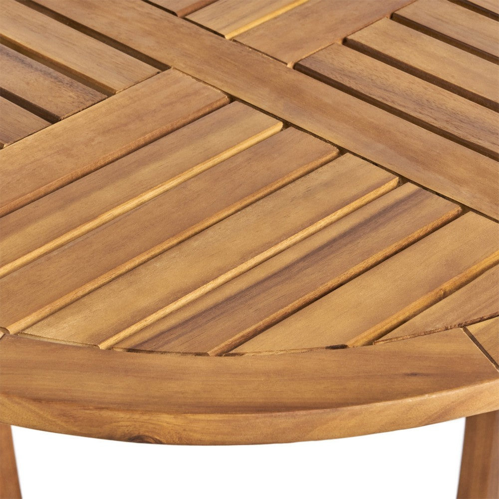 Outdoor Round Accent Table | Slatted Top | Cross Base | Teak Finish 30"
