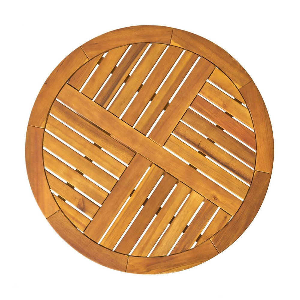 Outdoor Round Accent Table | Slatted Top | Cross Base | Teak Finish 30"