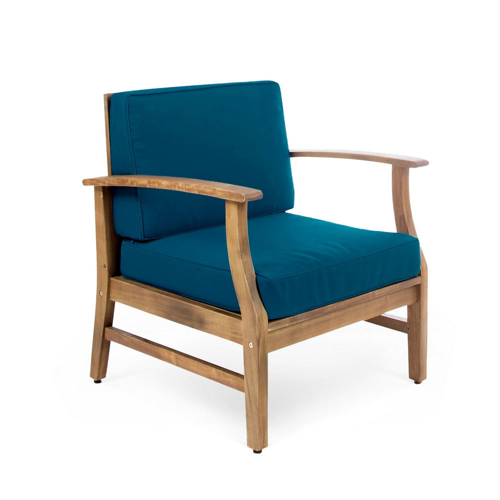 Hoye Outdoor Club Chair | Blue Cushions | Brown Acacia Wood