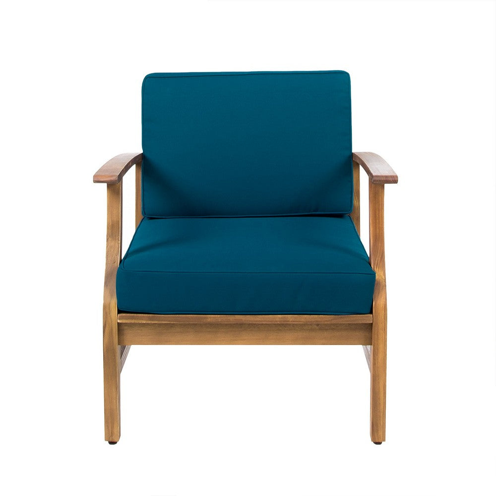 Hoye Outdoor Club Chair | Blue Cushions | Brown Acacia Wood