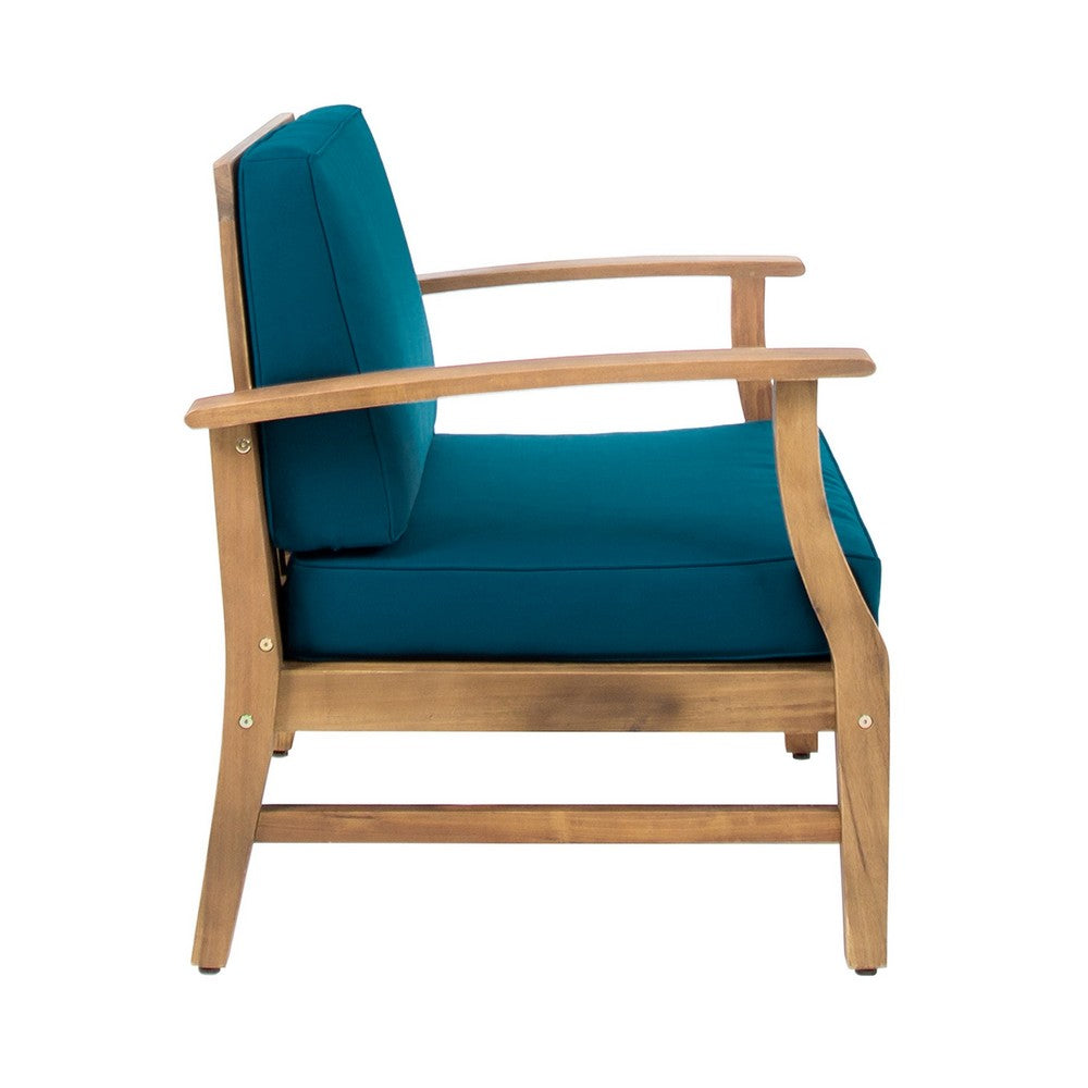 Hoye Outdoor Club Chair | Blue Cushions | Brown Acacia Wood
