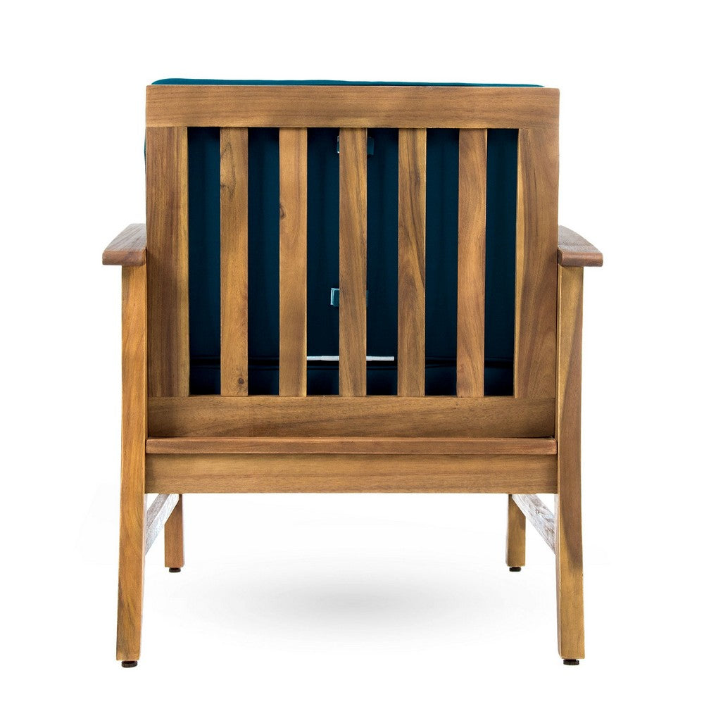 Hoye Outdoor Club Chair | Blue Cushions | Brown Acacia Wood