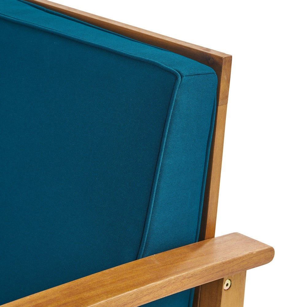 Hoye Outdoor Club Chair | Blue Cushions | Brown Acacia Wood